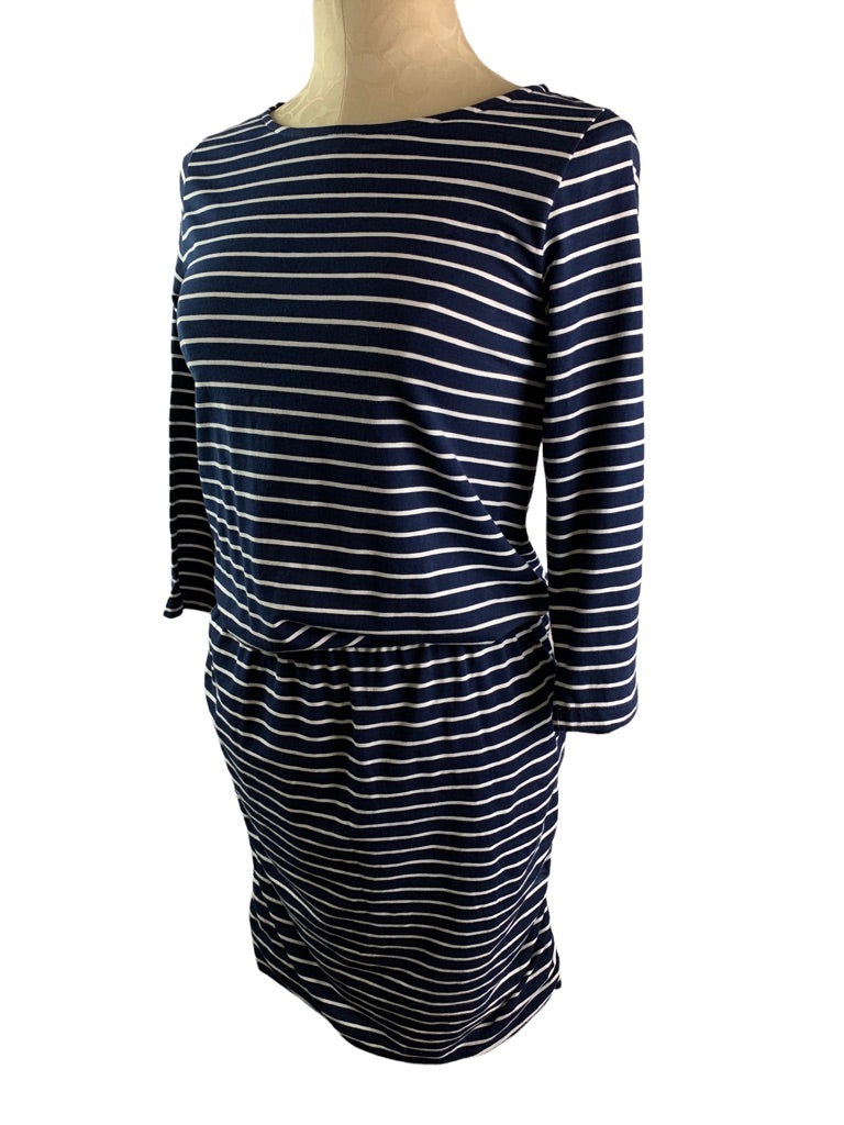 Small Hatley Blue White Striped Jersey Knit Pullover Dress Rouched Sides