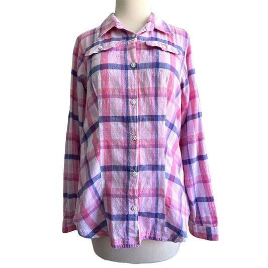 Small Columbia Cotton Plaid Button Down Roll-Tab sleeve Shirt Blouse Top