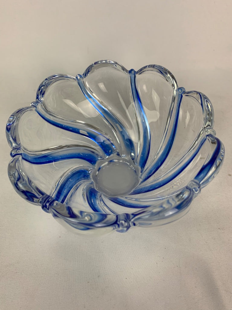 Crystal Glass Swirl Clear and Blue Candy Dish 3"h x 5.5"h