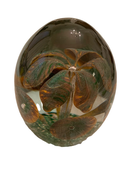 Vintage Egg Shaped Glass Paperweight Brown Green Flowers 3"d x 4.2"h