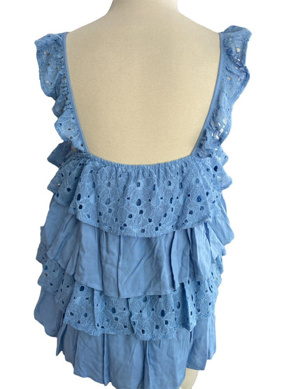 Medium J by JOA Blue Ruffled Sleeveless Blouse Eyelet Layered