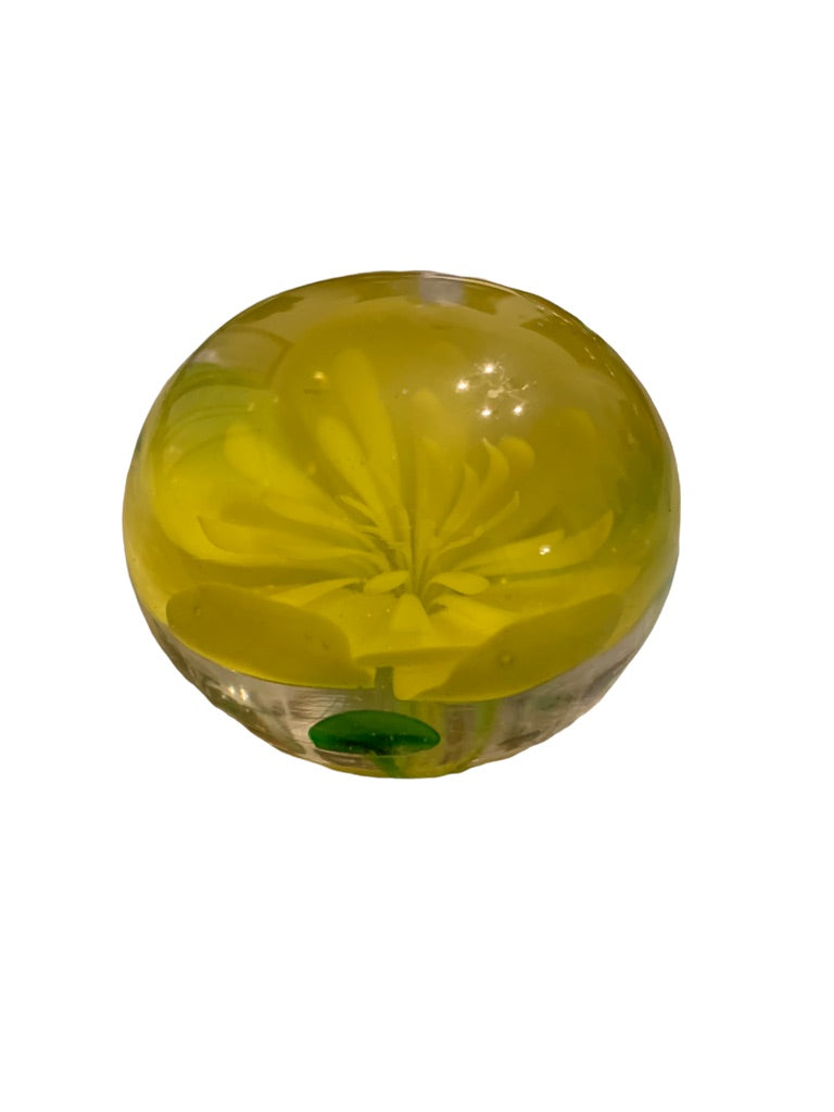 Round Globe Paperweight Yellow Flower 2.2"d x 1.8"h