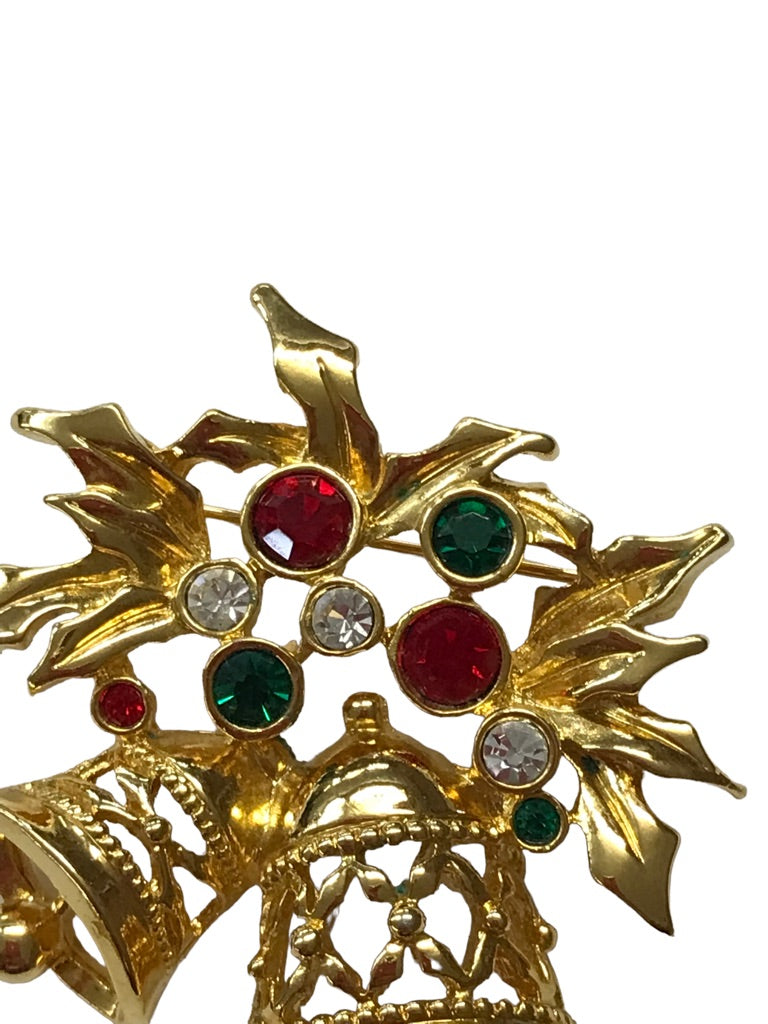 Vintage Goldtone Holiday Bell Brooch Red Green Details 2"