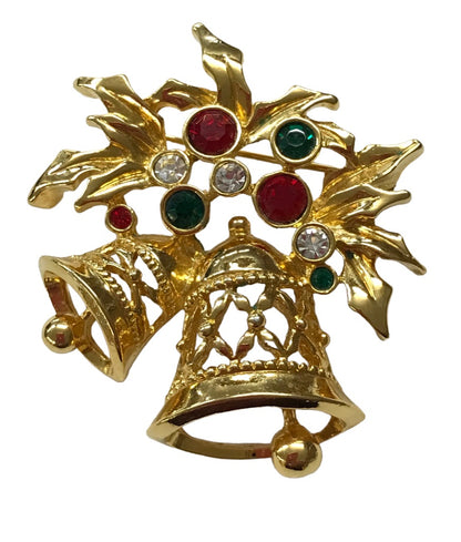 Vintage Goldtone Holiday Bell Brooch Red Green Details 2"