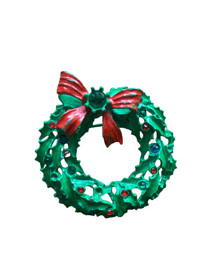 Vintage Holiday Wreath Brooch Green Red Blue Stones Pin 2" Diameter