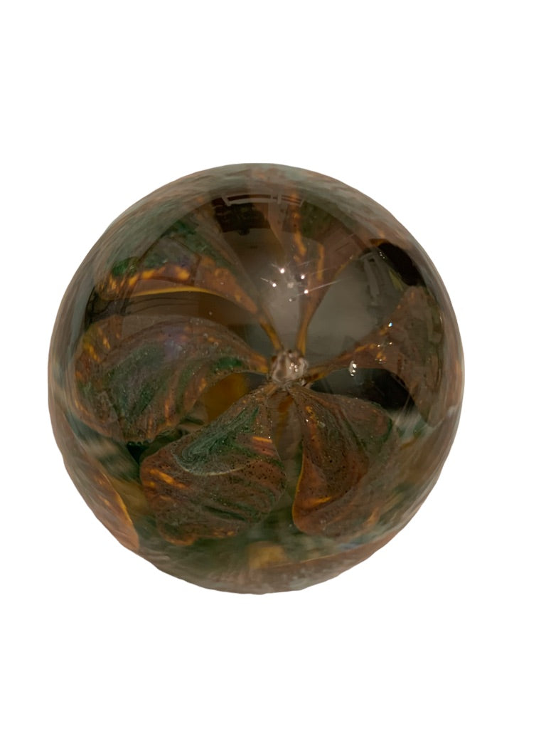 Vintage Egg Shaped Glass Paperweight Brown Green Flowers 3"d x 4.2"h