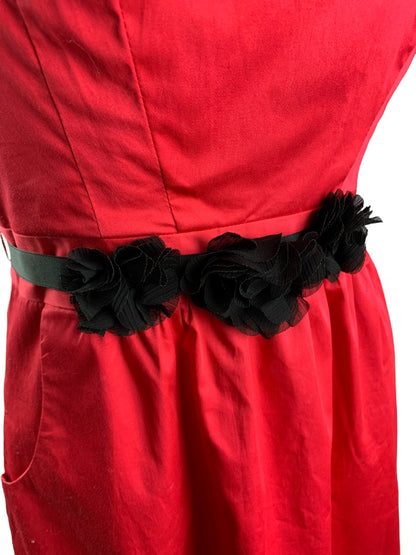 6 The Limited Strapless Red Dress Pockets Black Grosgrain Rosette Belt