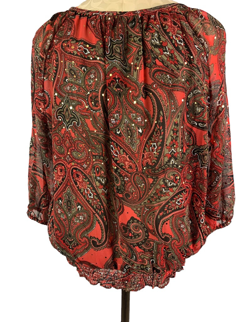 Medium Petite C.D. Petites Women's Sheer Banded Blouse Red Paisley Embellished