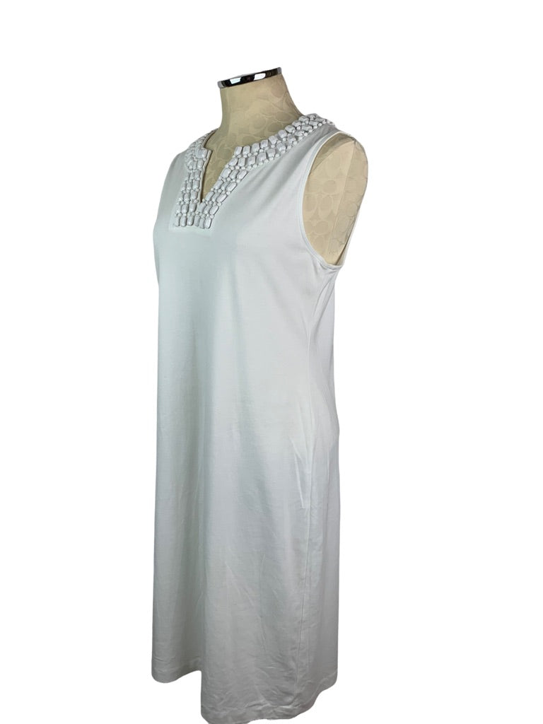 Large Talbots White Jersey Knit Sheath Dress Beaded Neckline Sleeveless Pullover