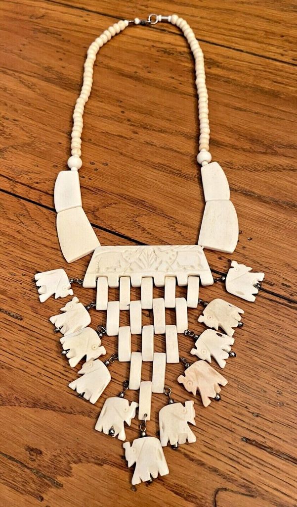 Vintage Bone Necklace 21" Statement Bib Elephant Design 5" Drop