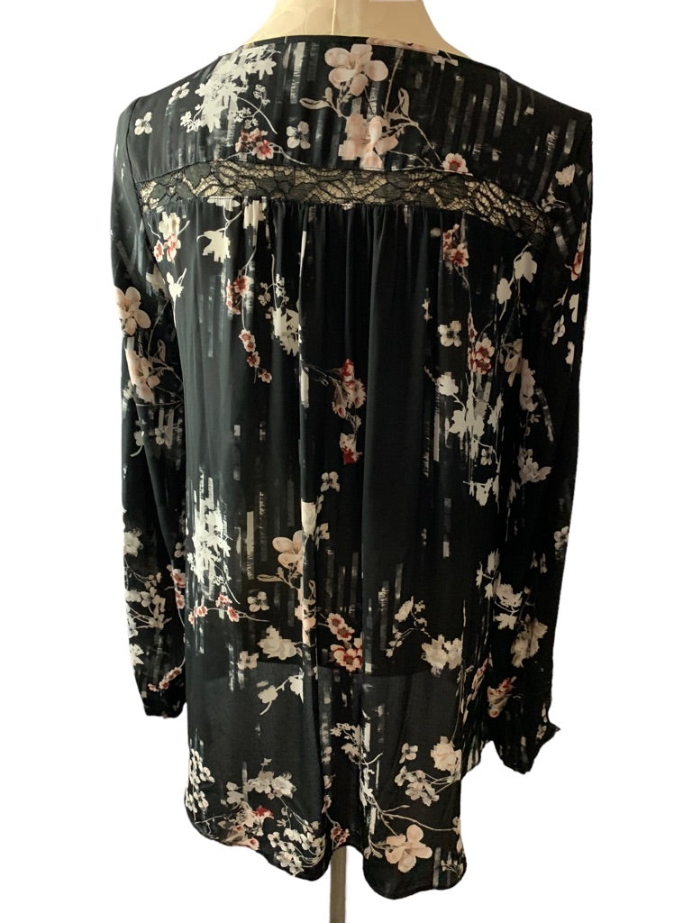 4 White House Black Market Peasant Blouse Oversize Sheer Tunic Black Floral