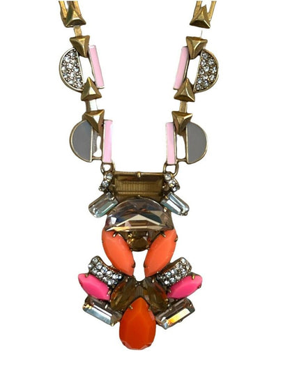 Stella & Dot Chunky Statement Necklace Gold Coral Pink Bright Crystal Shiny