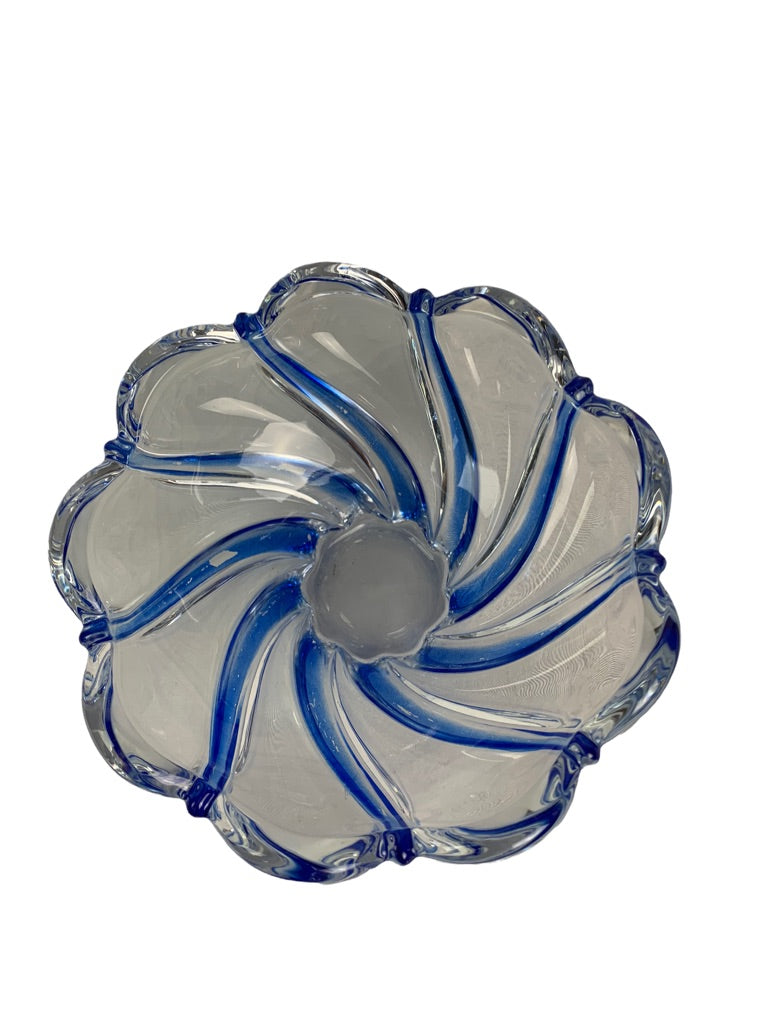 Crystal Glass Swirl Clear and Blue Candy Dish 3"h x 5.5"h