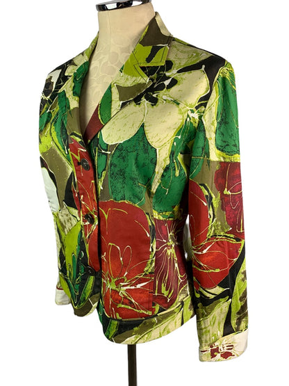 Medium Chico's (Size 1) Stretch Blazer Jacket Women's Pockets Green Print