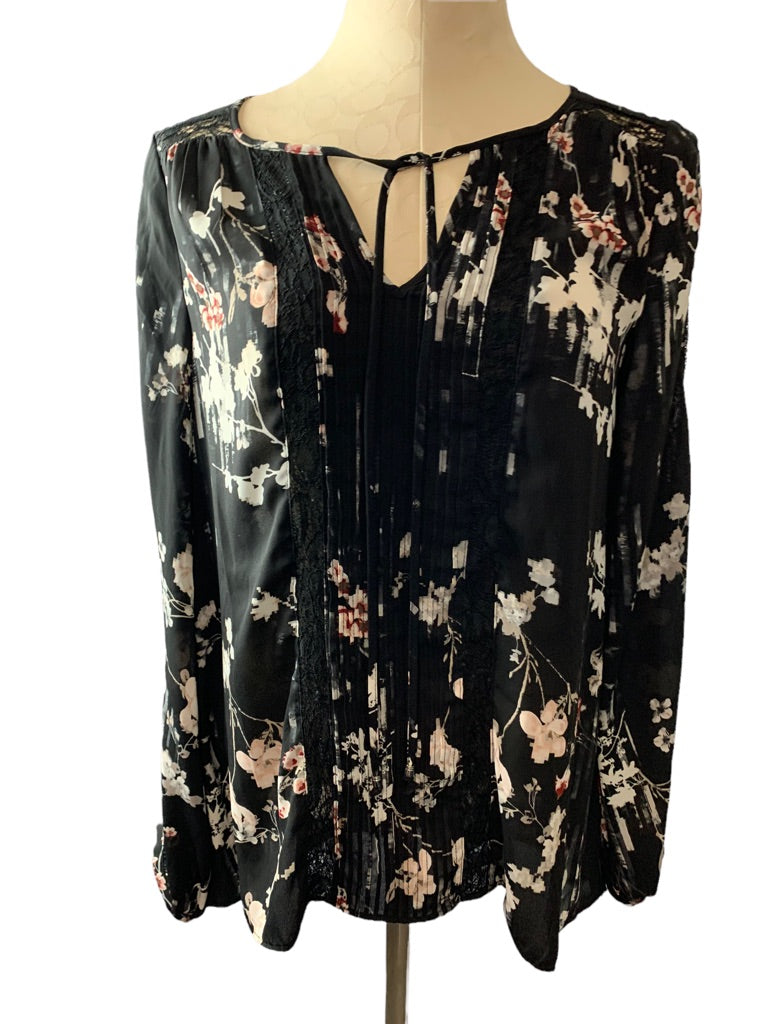 4 White House Black Market Peasant Blouse Oversize Sheer Tunic Black Floral