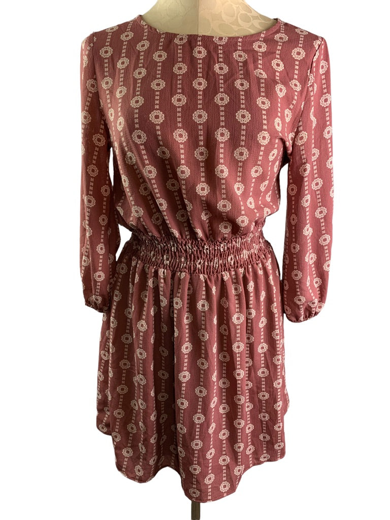 Small Charming Charlie Mauve Pink Print Pullover Dress 3/4 Sleeve Elastic Waist