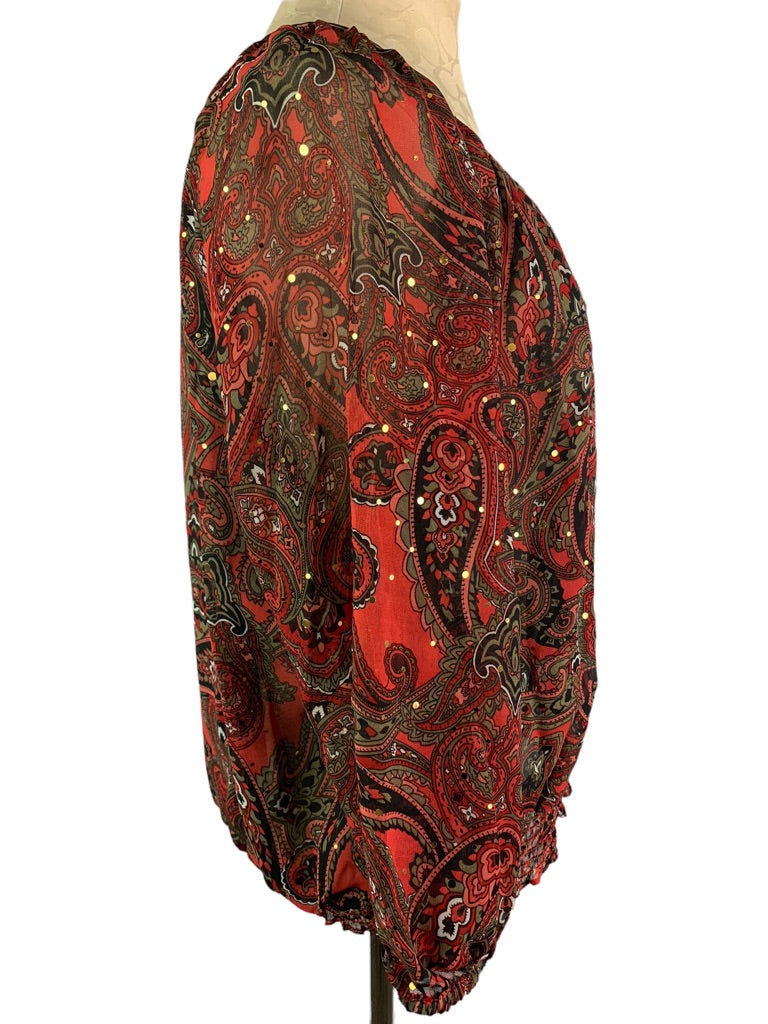 Medium Petite C.D. Petites Women's Sheer Banded Blouse Red Paisley Embellished