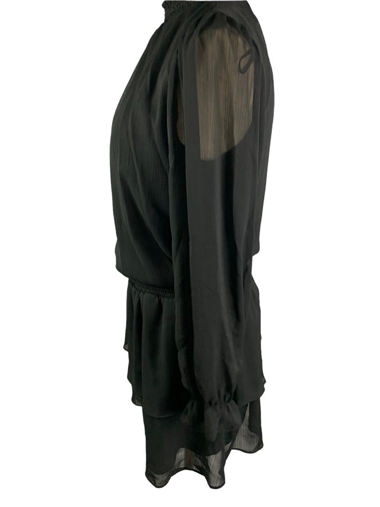 Small Express Black Blouson Sheer Long Sleeve Dress Collar