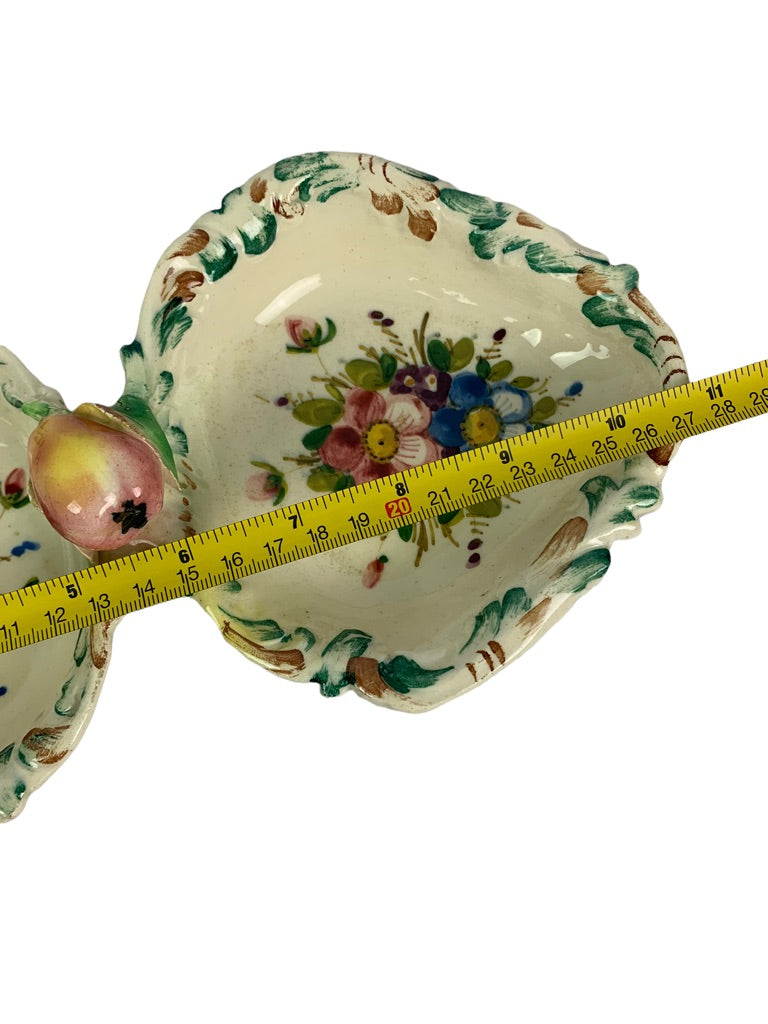 Handpainted Ceramic Divided Dish Fruit and Flower Design Vintage Ornate