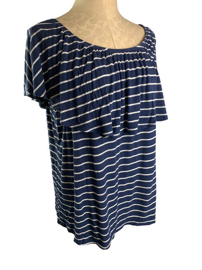 18/20 Avenue Jersey Knit Off Shoulder Blue White Stripe Short Sleeve Top Women's