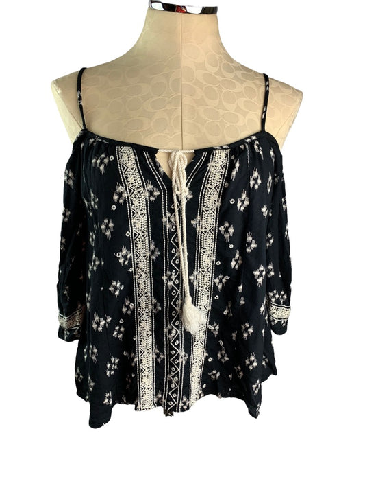 Small Band of Gypsies Women's Black White Boho Style Blouse Flowy