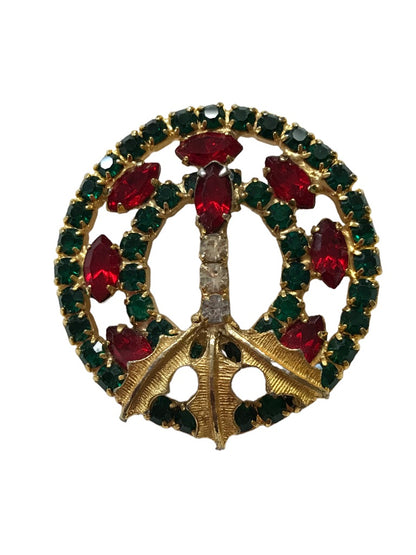 Vintage Holiday Wreath Candle Brooch Red Green Stones Goldtone 1.5" Diameter