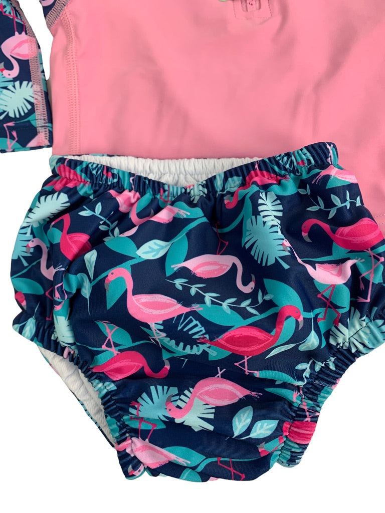 6 Months i play. Girls Two Piece Swimsuit Built-In Diaper Flamingo Long Sleeve