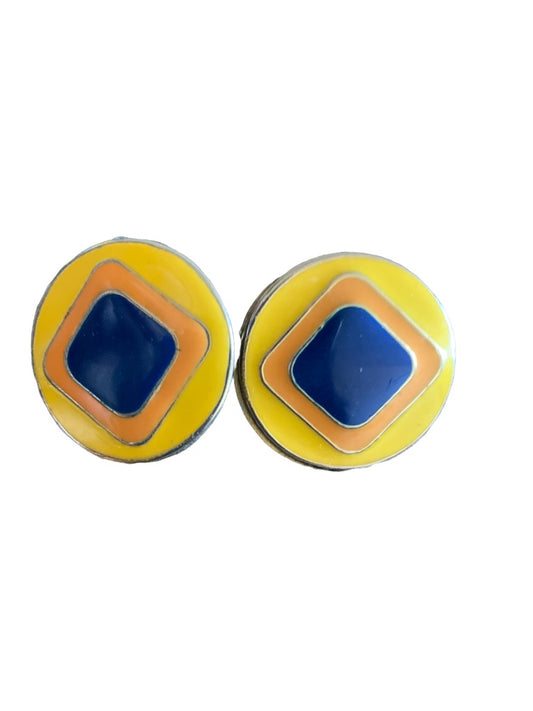 Vintage 1 1/8" Diameter Round Geometric Lightweight Earrings Yellow Blue Orange