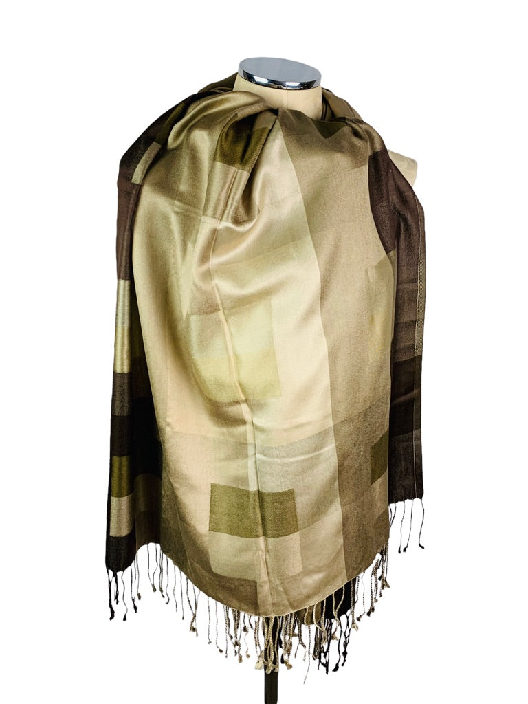 Brown Square Print Light Sheen Shawl Scarf Fringed 29" x 82"