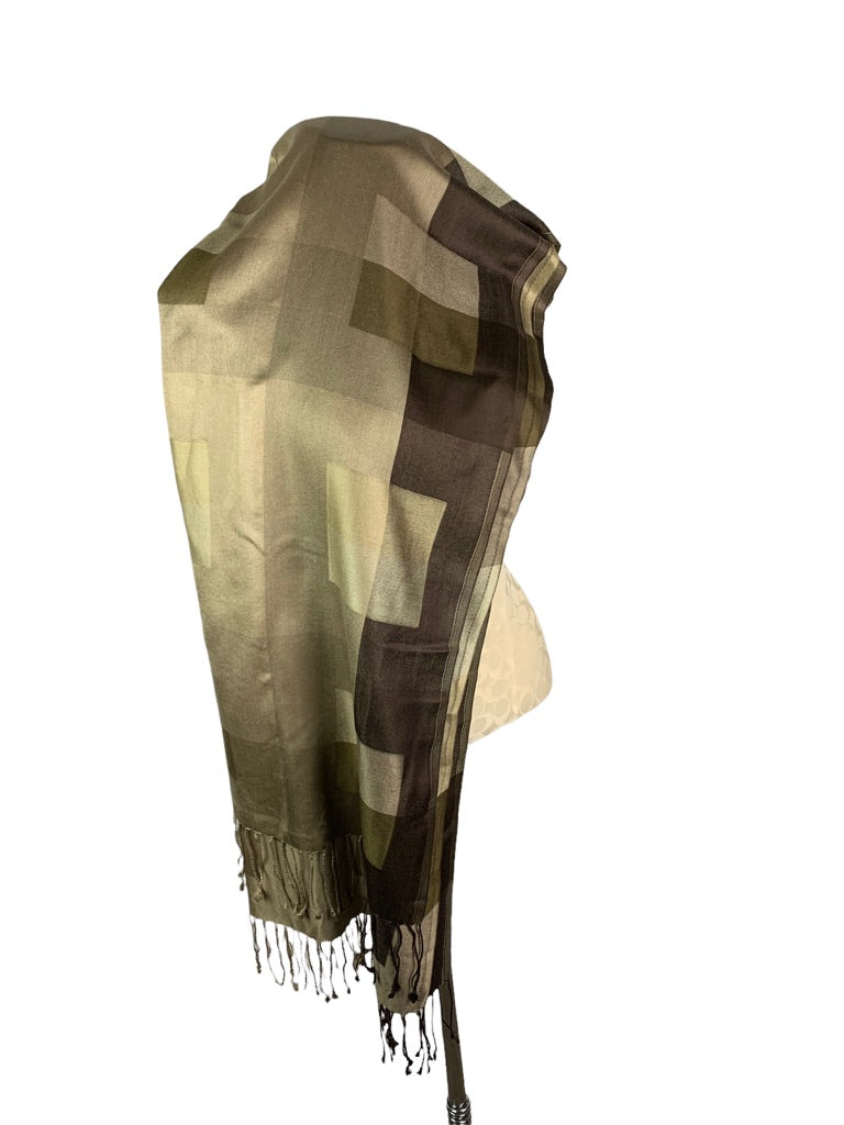 Brown Square Print Light Sheen Shawl Scarf Fringed 29" x 82"