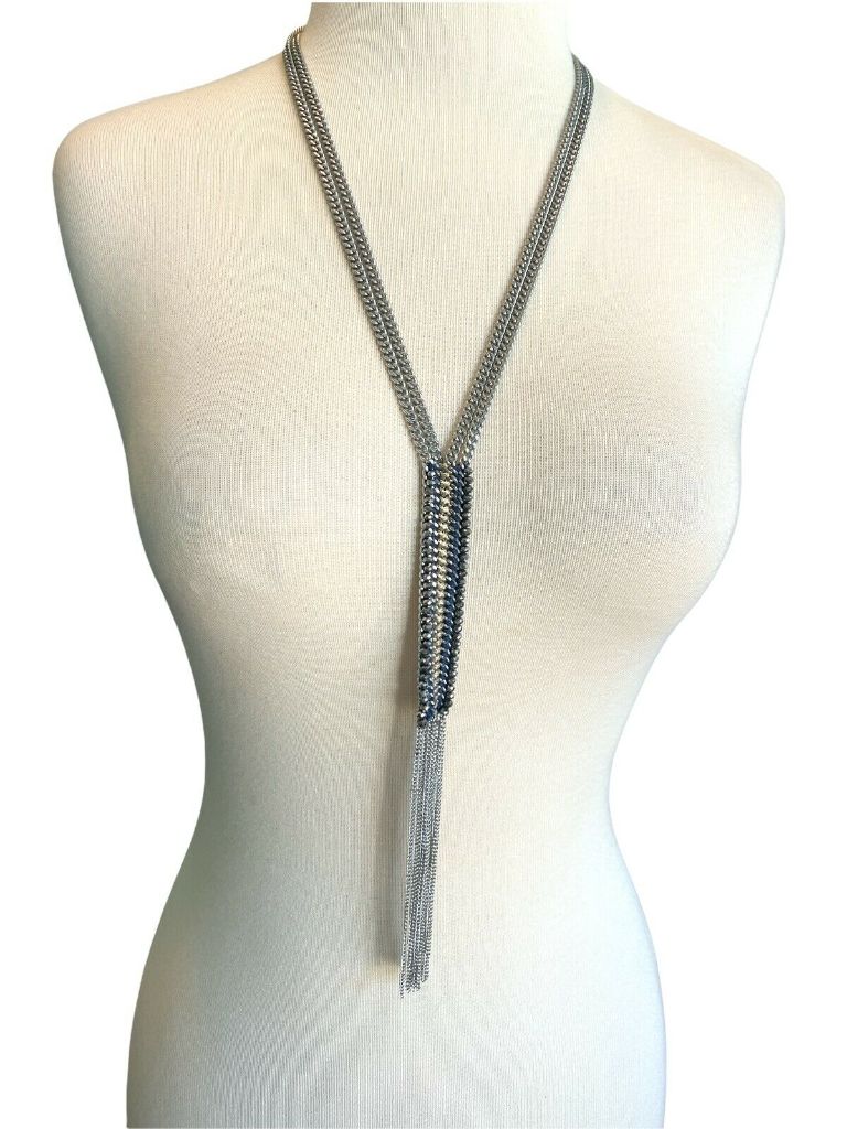 Stella and Dot Tessa Fringe Necklace Lariat Silvertone Blue Steel Chain