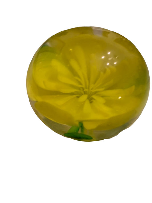 Round Globe Paperweight Yellow Flower 2.2"d x 1.8"h