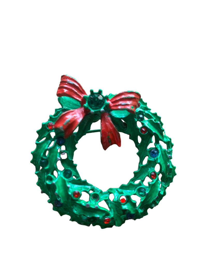 Vintage Holiday Wreath Brooch Green Red Blue Stones Pin 2" Diameter