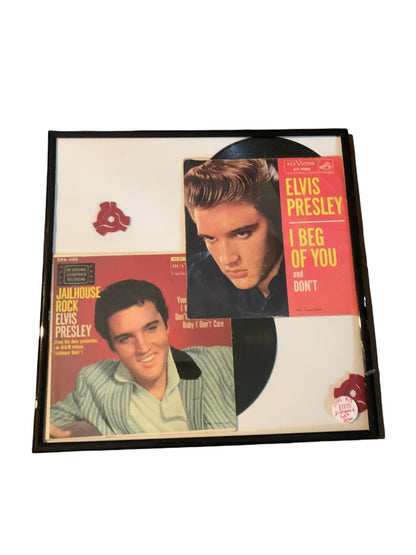 Framed Elvis 45s Vinyl Albums "Jailhouse Rock" and "I Beg of You"