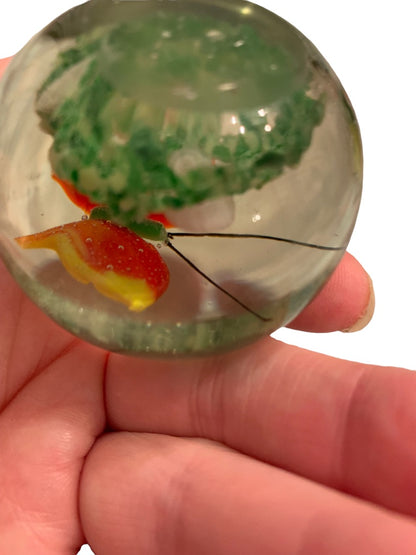 Glass Globe Paperweight Red Yellow Butterfly Grass 1.8"h x 2"d