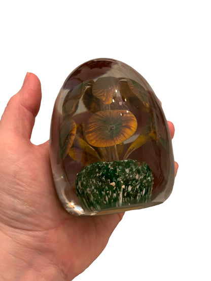 Vintage Egg Shaped Glass Paperweight Brown Green Flowers 3"d x 4.2"h