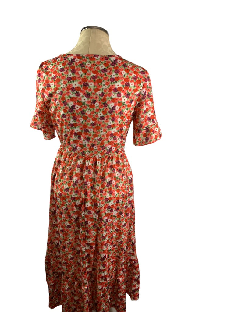 Medium Women's Floral Coral Print Tshirt Dress Midi Length Ruffle Hem