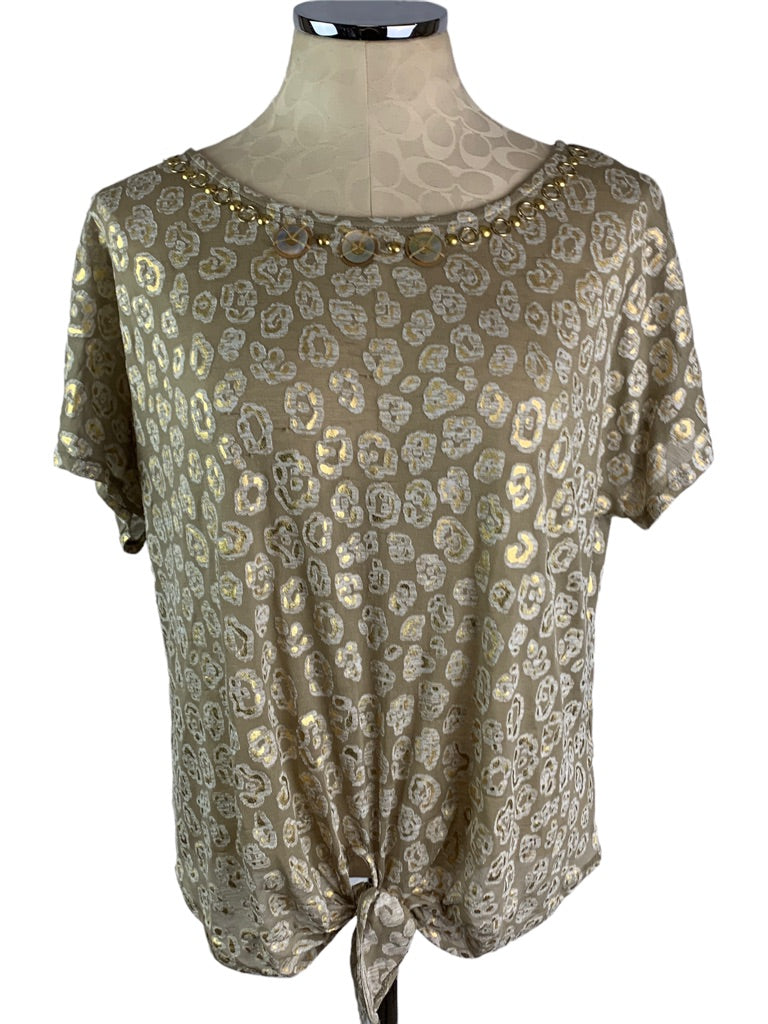 Medium Petite Ruby Rd. Women's Sheer Tie Waist Embellished Brown Tan Tshirt