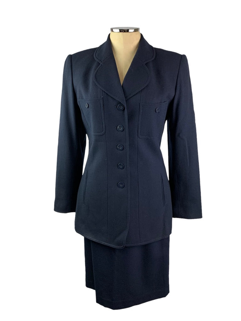 6 Kasper for A.S.L. Women's Navy Blue Skirt Suit Wool 2 Piece