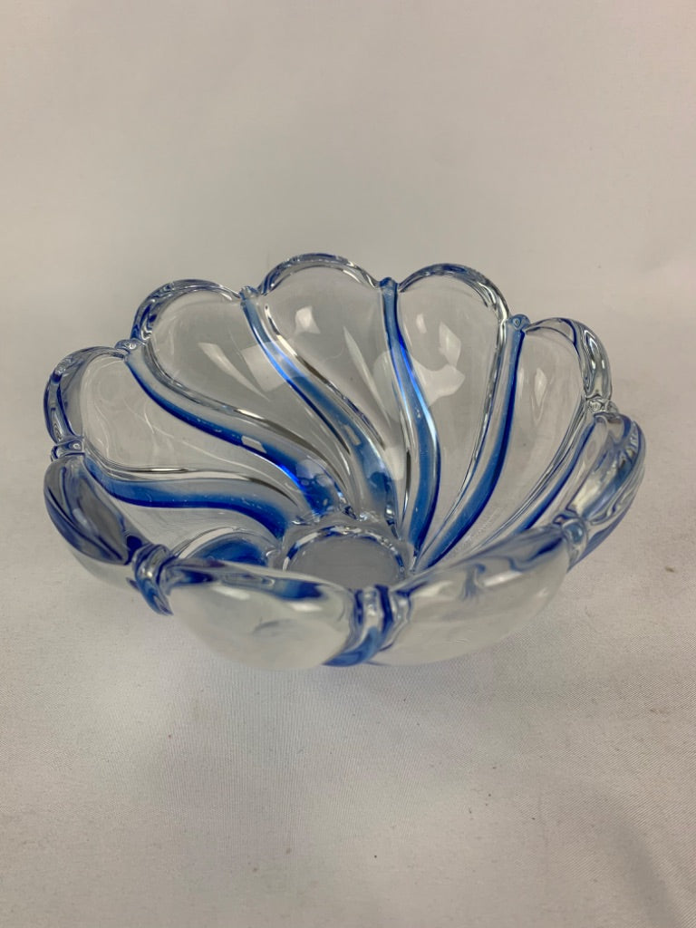 Crystal Glass Swirl Clear and Blue Candy Dish 3"h x 5.5"h