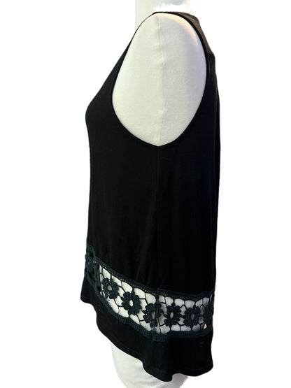 Small Poof Black Sleeveless Tunic Crochet Trim At Hem