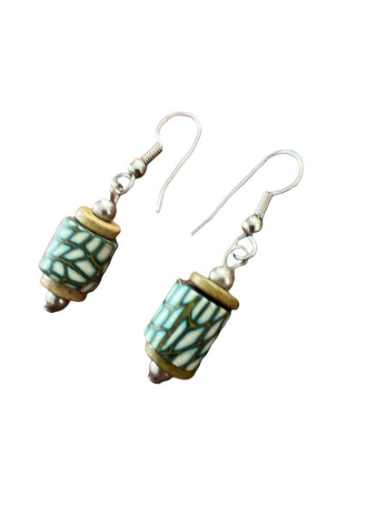 Boho Cylinder Handmade Dangle Earrings Wood Polymer Clay