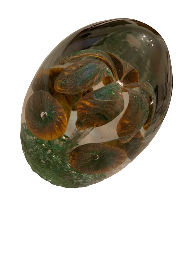 Vintage Egg Shaped Glass Paperweight Brown Green Flowers 3"d x 4.2"h