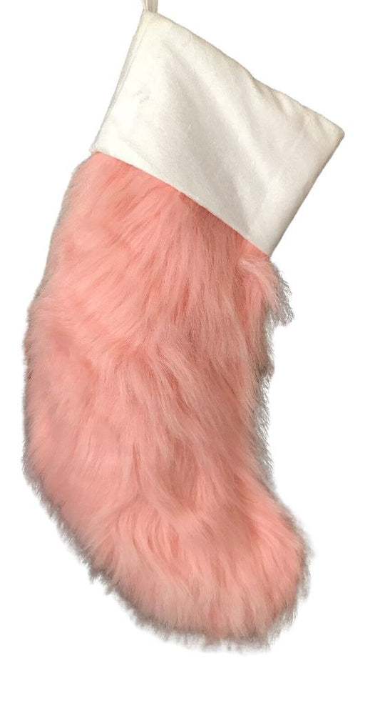 Macy's New NWT Pink Plush Furry Holiday Stocking Satin Lining Holiday Lane Sparkle and Shine