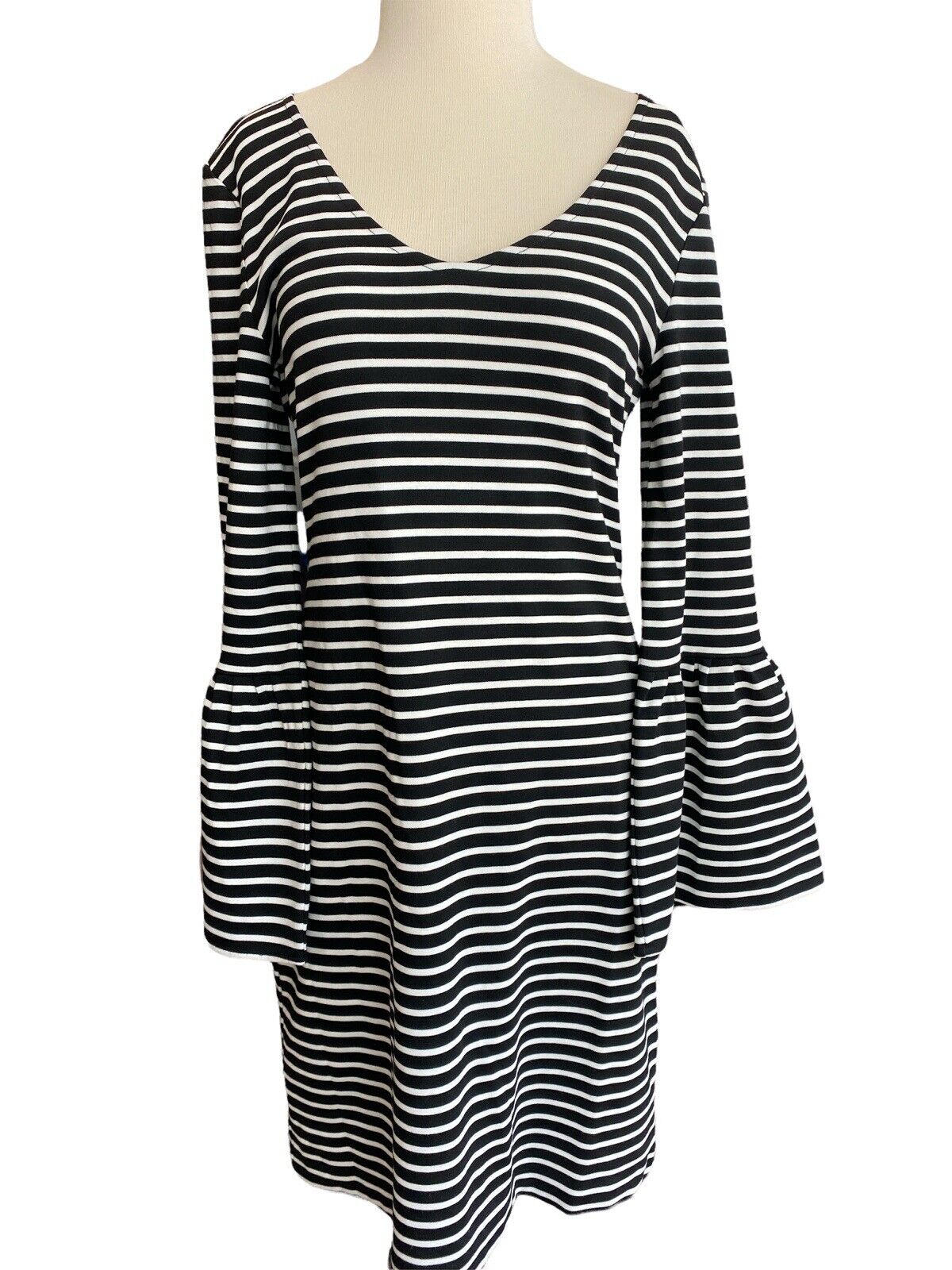 Small Banana Republic Black and White Striped V-Neck Flare Sleeve Dress