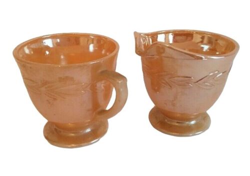 Fire King Peach Laurel Leaf Lusterware Creamer and Sugar Bowl Fire King by Anchor Hocking 1960s Mid Century Orange Lustreware